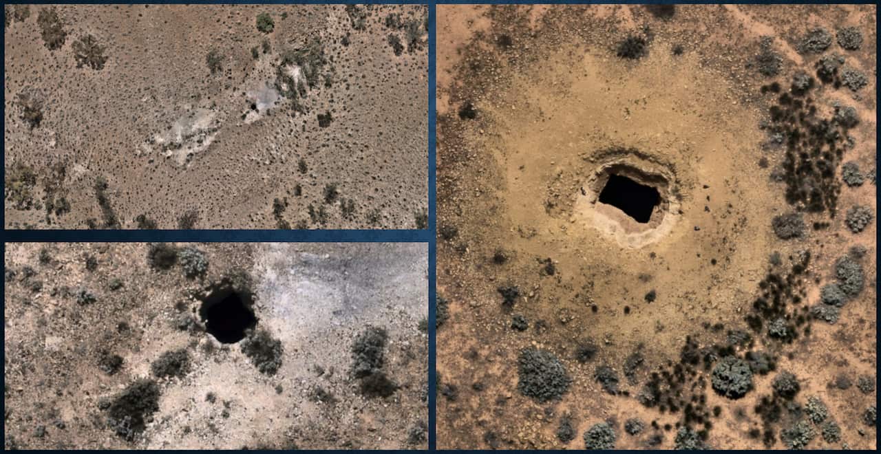 Composite image of three aerial photographs of mineshafts