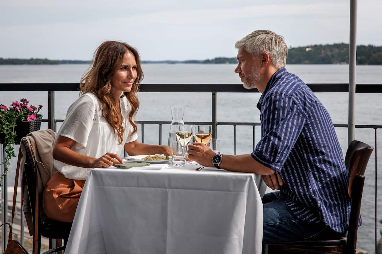 Sandhamn Murders. Alexandra Rapaport as Nora and Nicolai Cleve Broch as Alexander. Credit: Johan Paulin