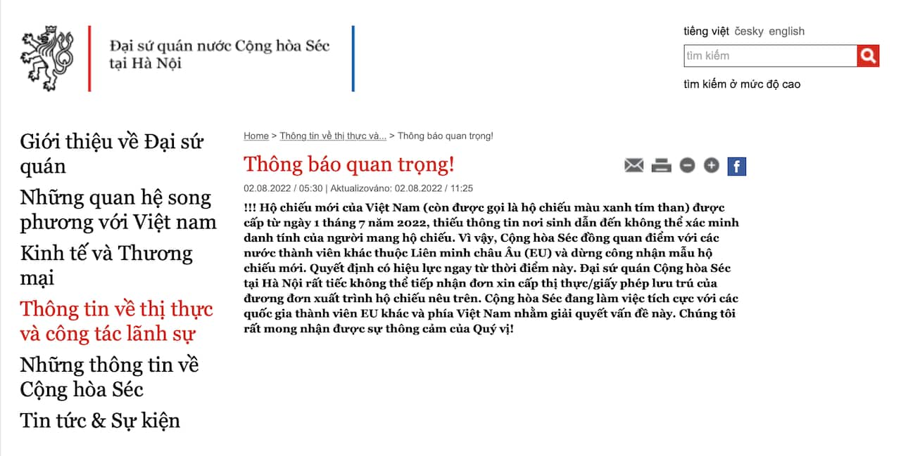 Thông báo trên trang mạng của Đại sứ quán Cộng hoà Séc tại Hà Nội.