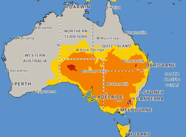 A map of Australia shows heat or fire risk levels across the continent, with concentrated areas of orange and red covering much of the central and eastern regions.