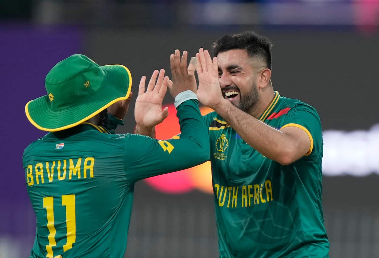 South Africa's Tabraiz Shamshi celebrates during the ICC Men's Cricket World Cup match against Pakistan in Chennai, India on Friday, 27 October 2023. 