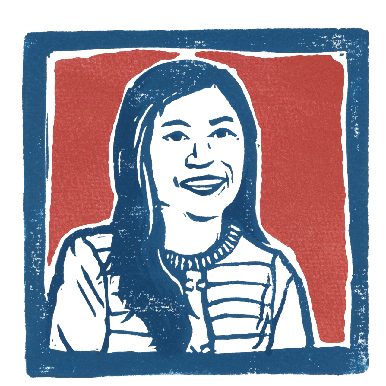 A printed portrait of a woman with long hair wearing a buttoned blouse. 