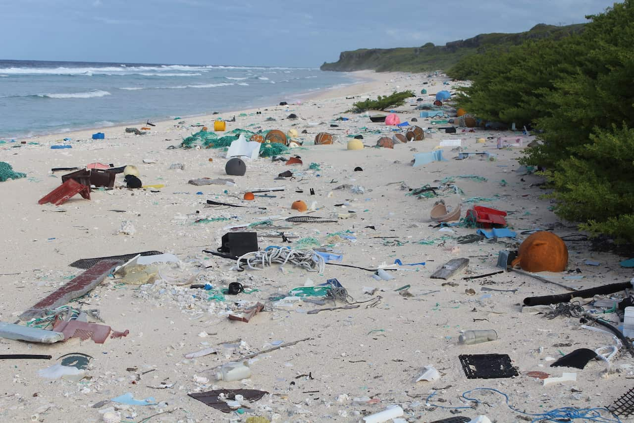 Plastic waste on a beach.