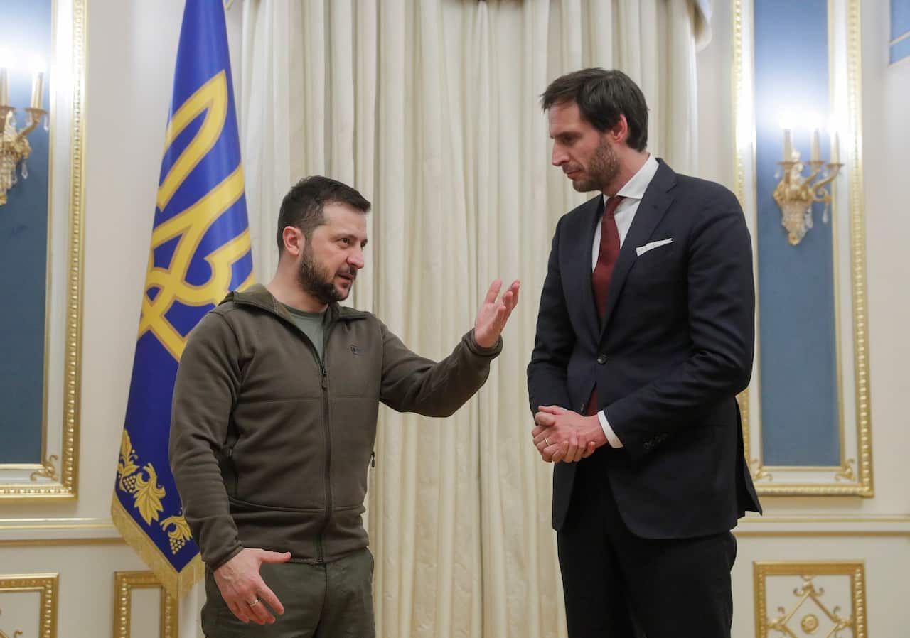 President Zelenskyy speaks with Dutch Foreign Minister Wopke Hoekstra in Kyiv on Tuesday.