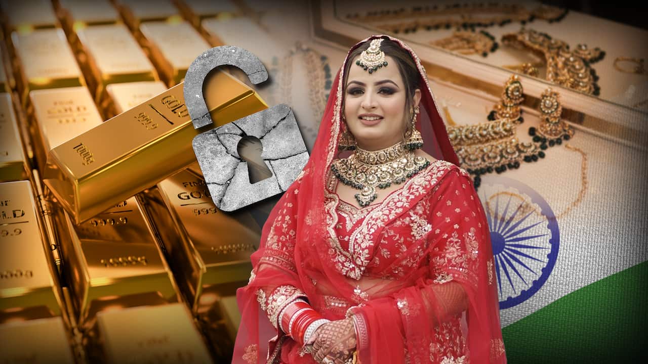 A woman in red Indian bridal attire stands before gold bars, jewelry, and the Indian flag with an unlocked padlock symbol.