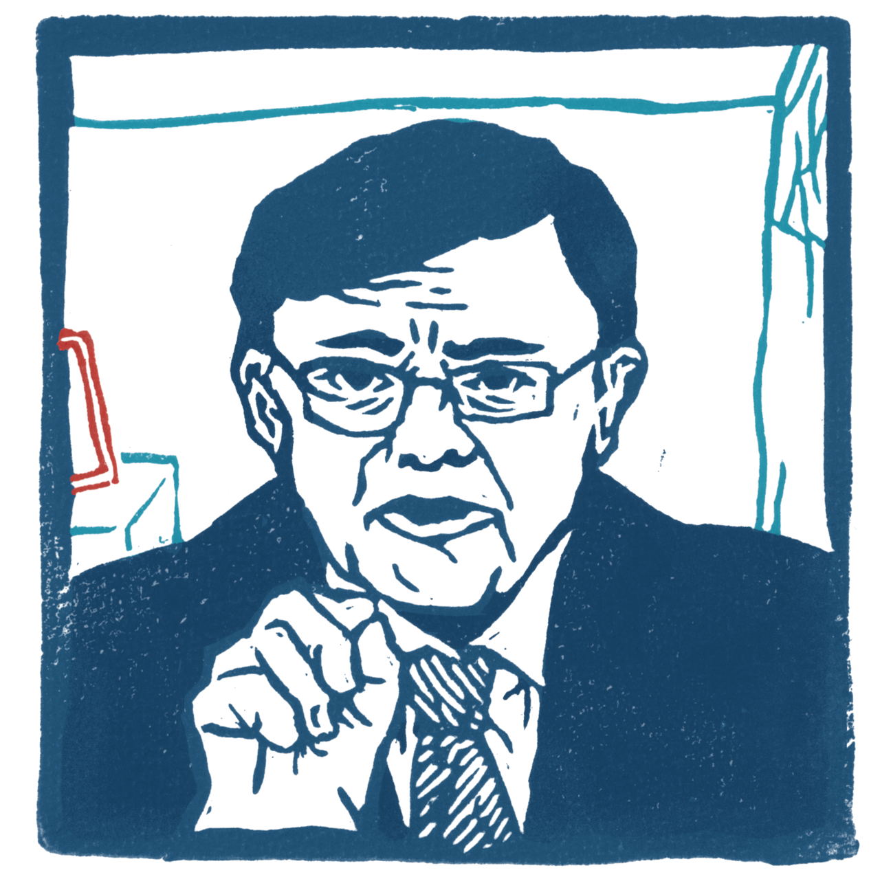 A printed illustration depicting a man in a suit giving a speech. 