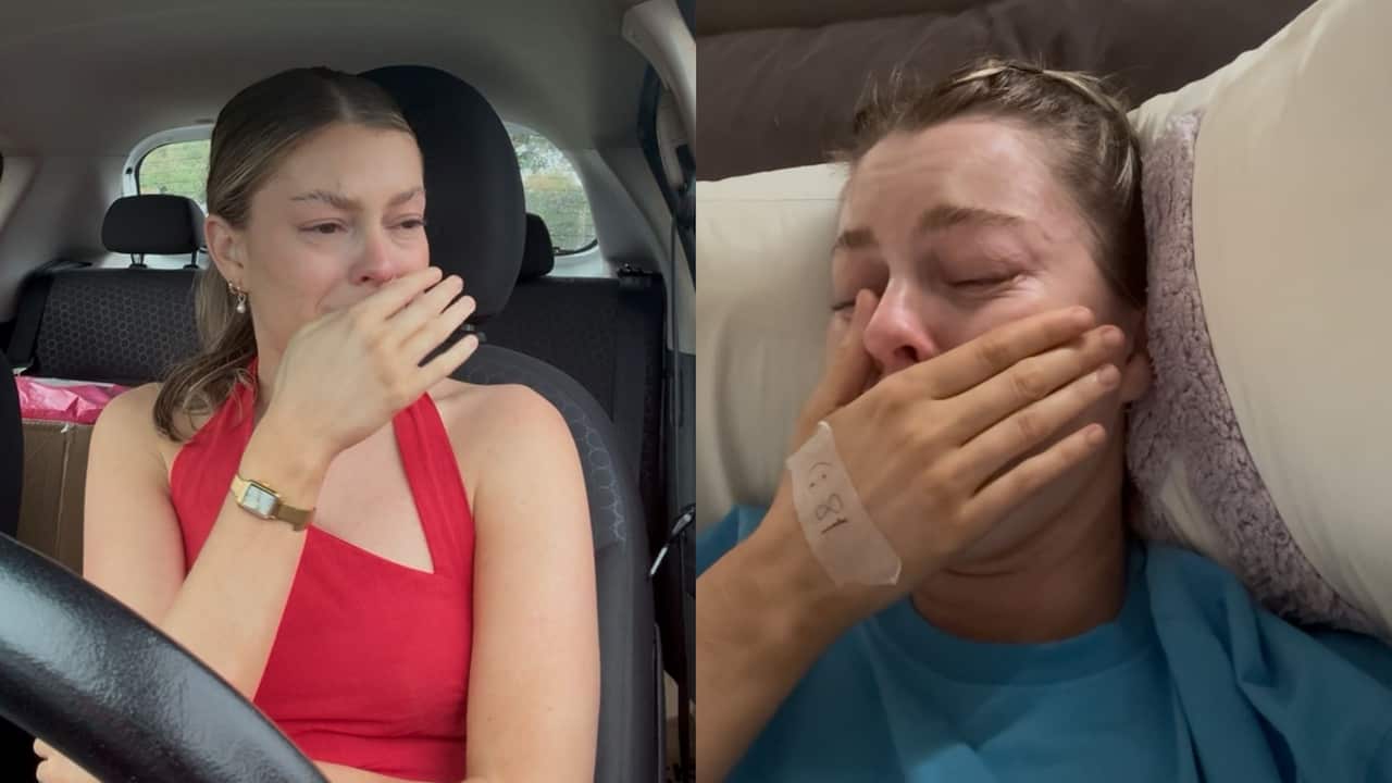 A split image. On the left, a woman in a red top is crying while sitting in the driver's seat of a car. On the right, the same woman is crying while lying in a bed wearing a turquoise shirt.
