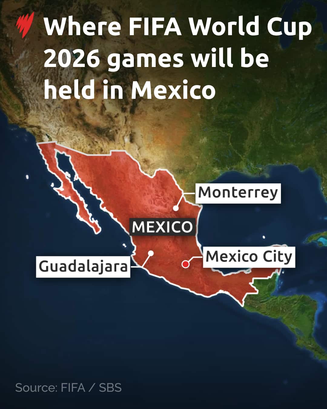 A map showing the locations of the host cities in Mexico for the 2026 FIFA World Cup.