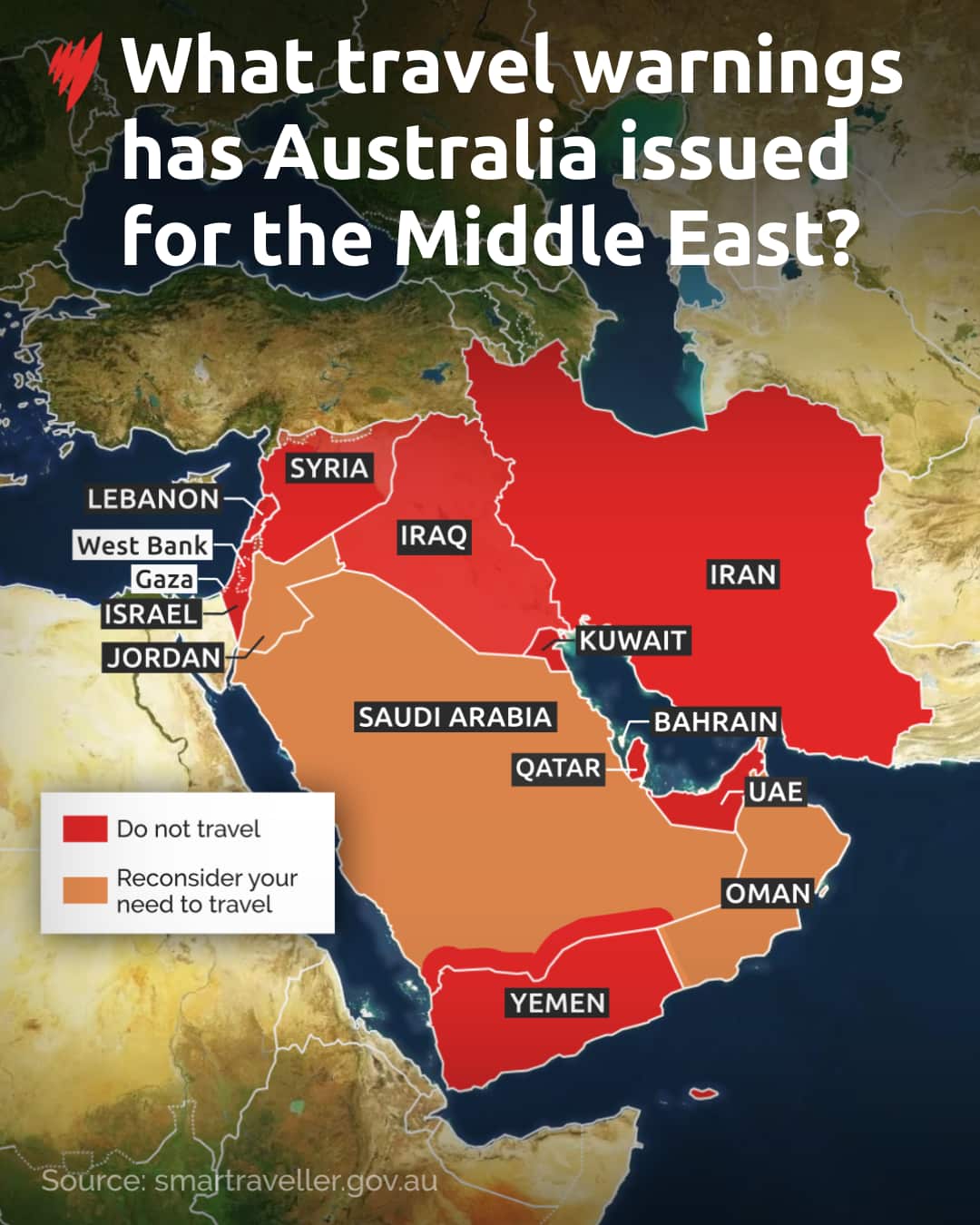 A map showing various countries and cities in the Middle East and what the travel advice from the Australian government is.