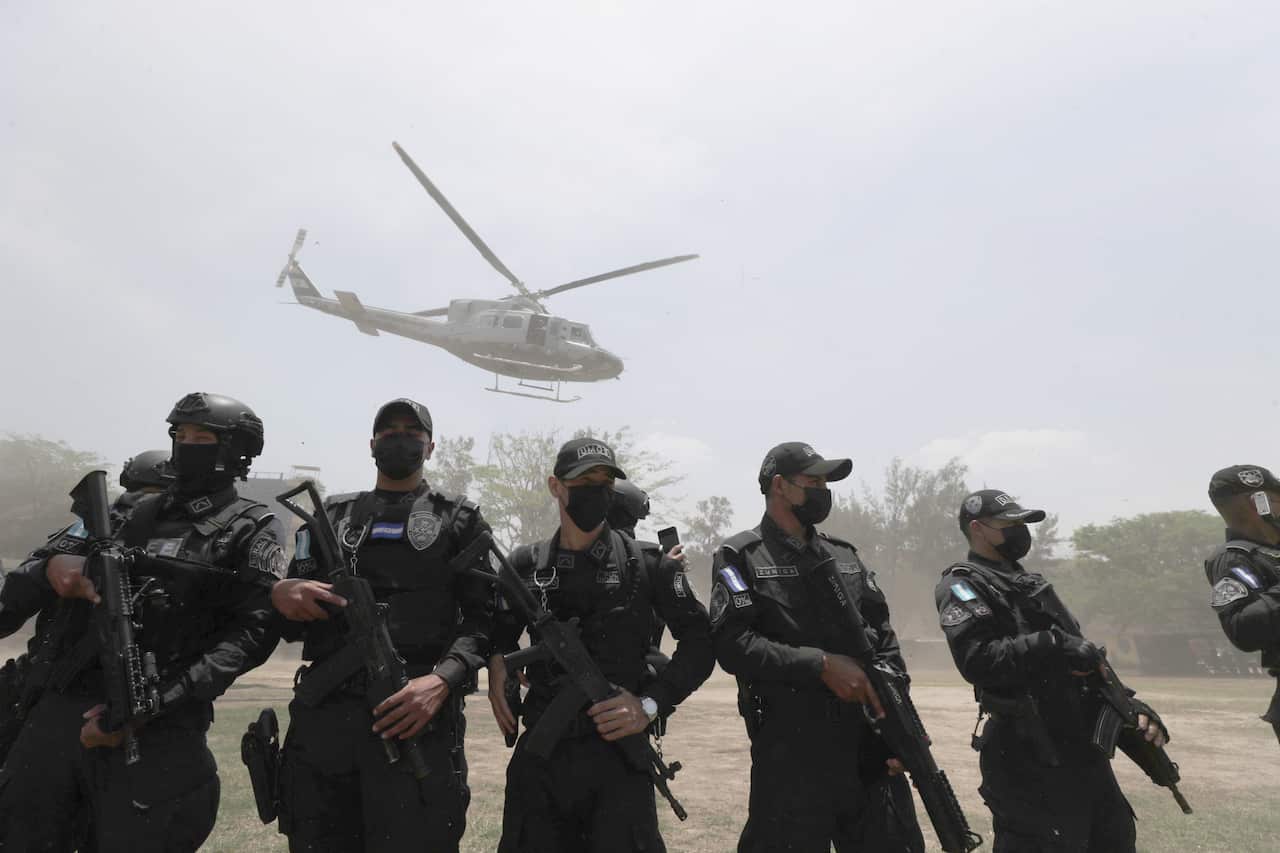 The helicopter that transports former Honduran president Juan Orlando Hernandez for his extradition leaves from the headquarters of the National Directorate of Special Forces, in Tegucigalpa, Honduras, 21 April 2022. 