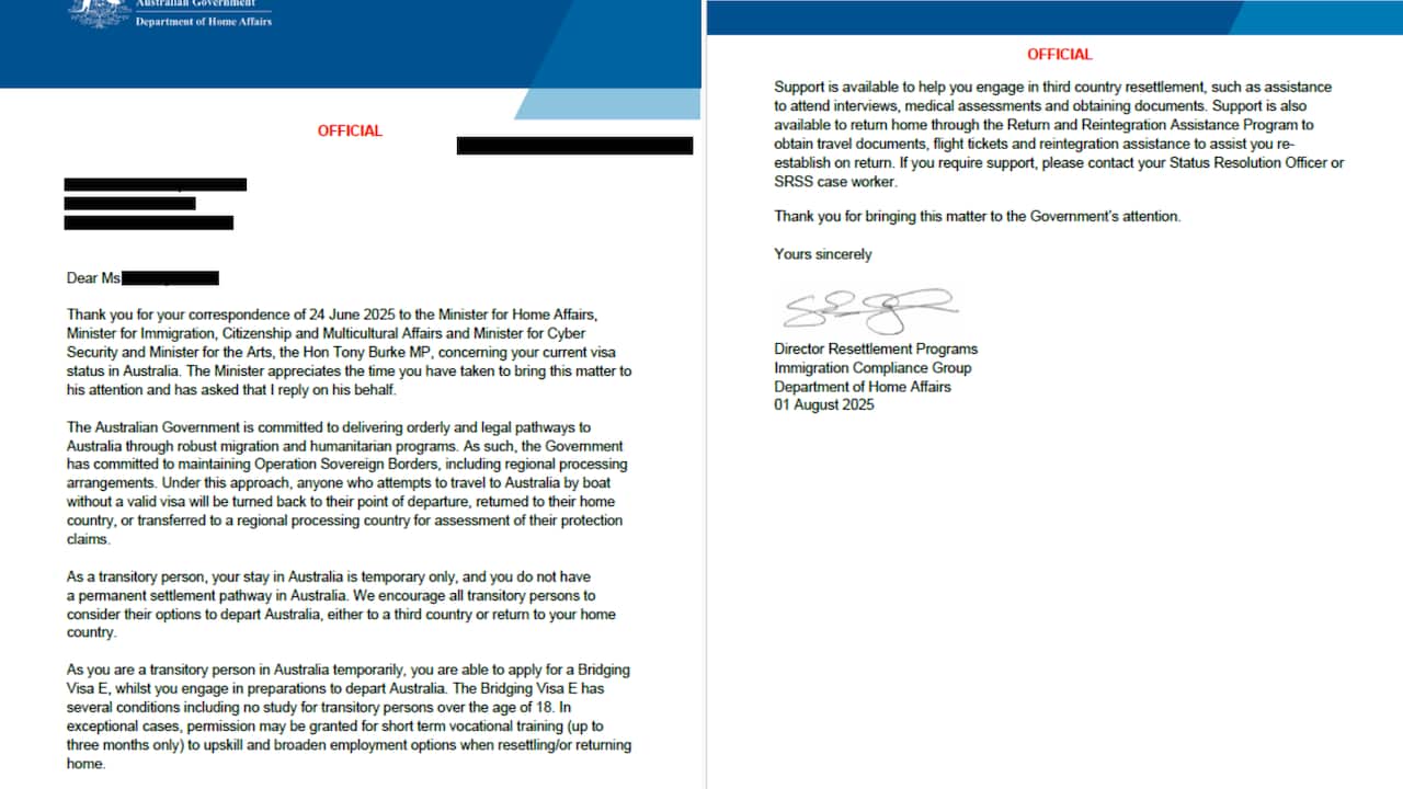 A screenshot of a letter from the Department of Home Affairs about how transitory persons cannot settle in Australia.