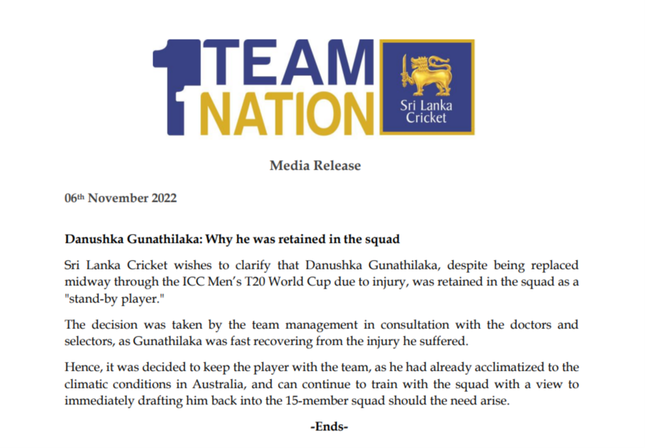 Media release-Danushka Gunathilaka: Why he was retained in the squad