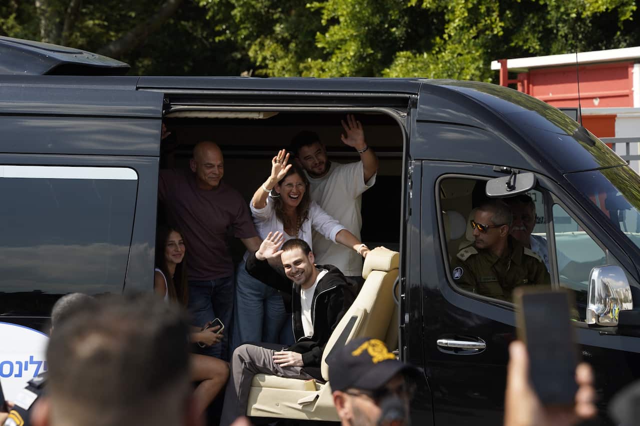 Released Israeli hostages arrive to Bilinson hospital in Petah Tiqua - Israel - 13 Oct 2025