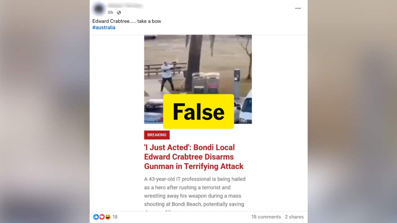 A social media post showing a screenshot of a false news article that reads "I just acted: Bondi Local Edward Crabtree Disarms Gunman in Terrifying Attack".
