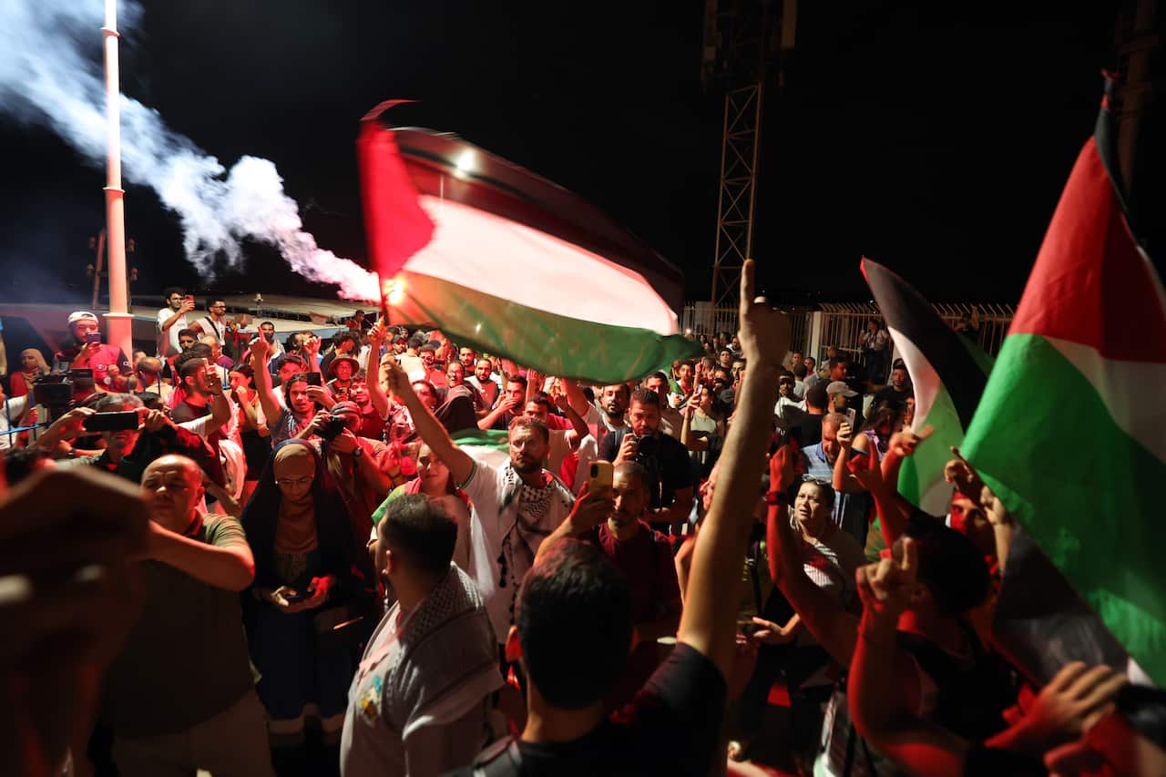 A large group of protesters, some waving Palestinian flags.