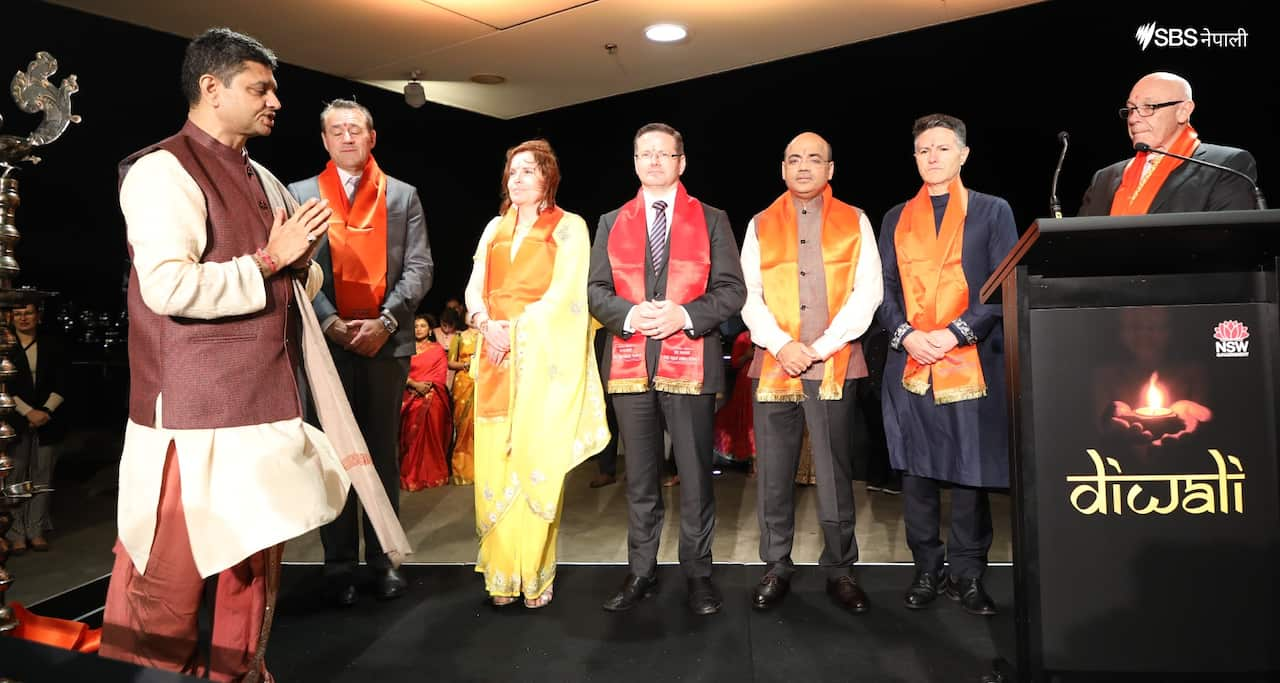 Dignitaries present at the Sydney Opera House Diwali lighting event.