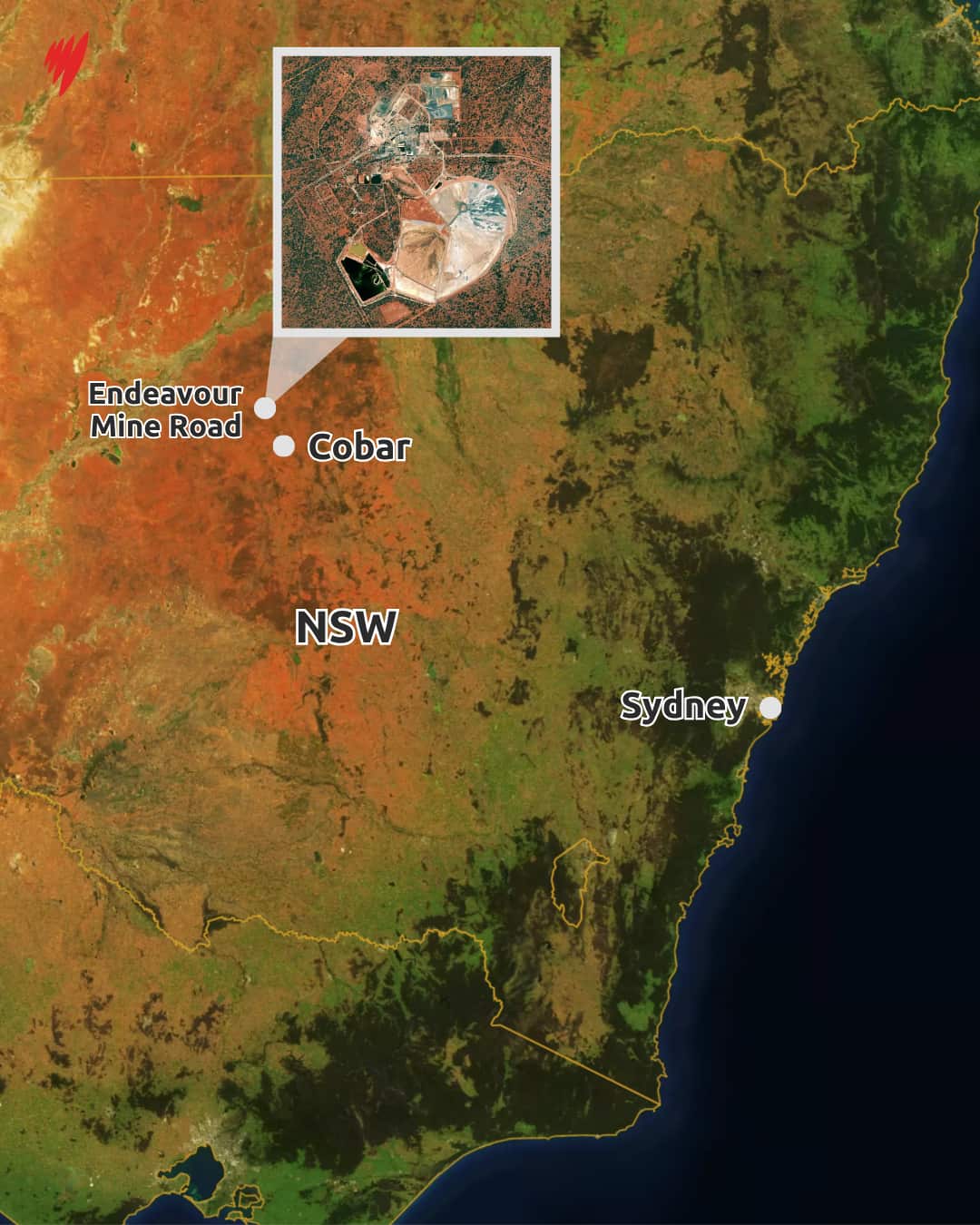 A map showing the location of a mine on Endeavour Mine Road, Cobar and Sydney in NSW.