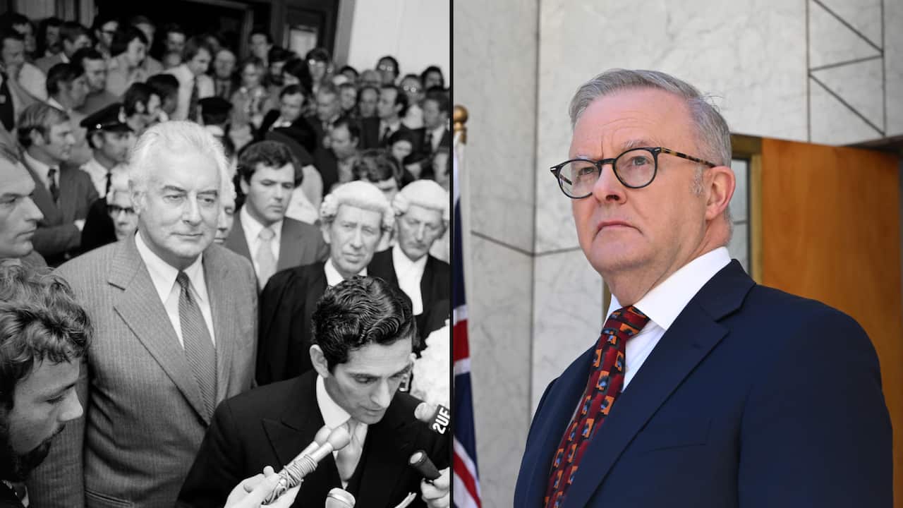A split image showing the moment Gough Whitlam was dismissed as prime minister in 1975, with an image of current prime minister anthony albanese to the right.