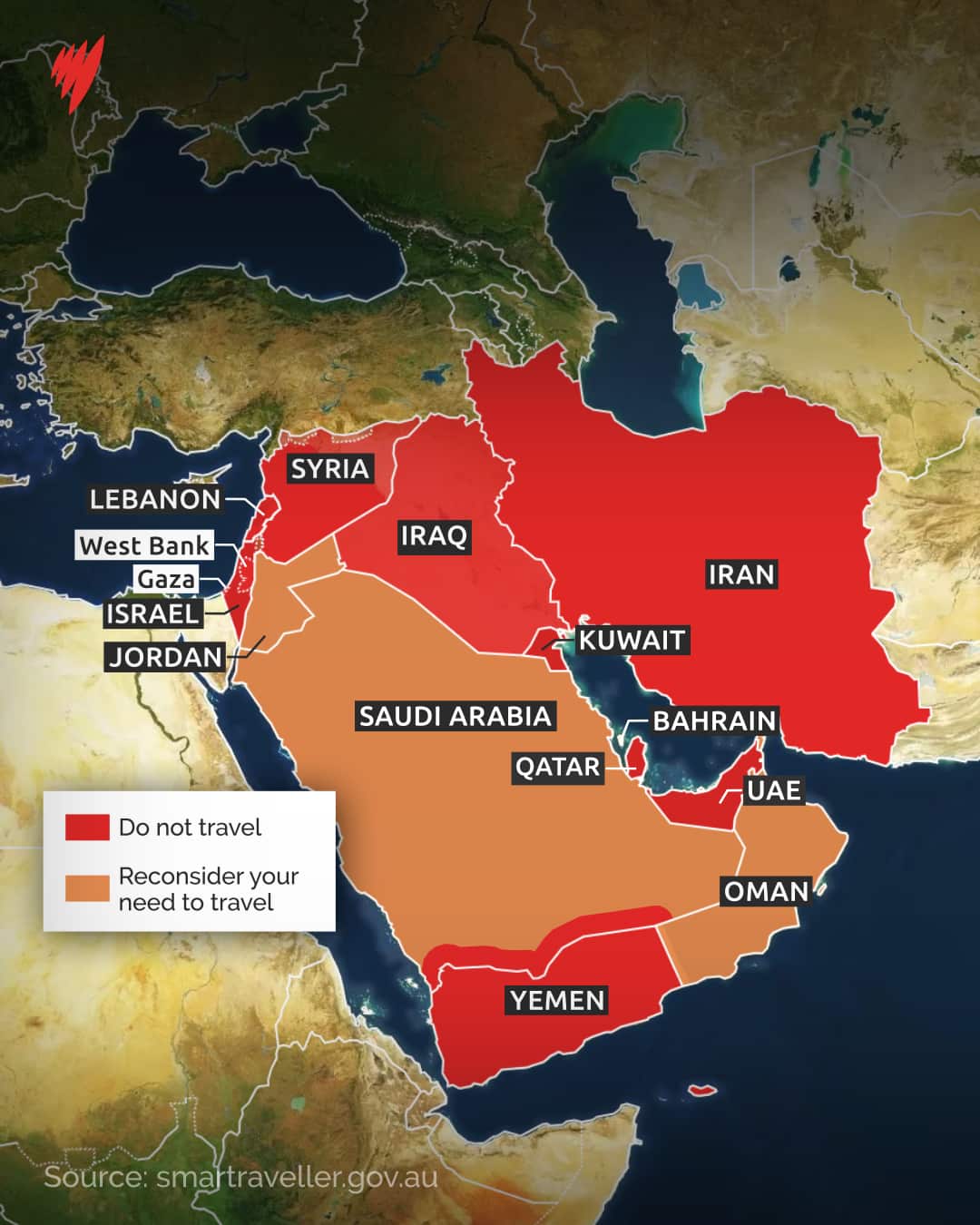 A map with a key depicting the Middle East region.
