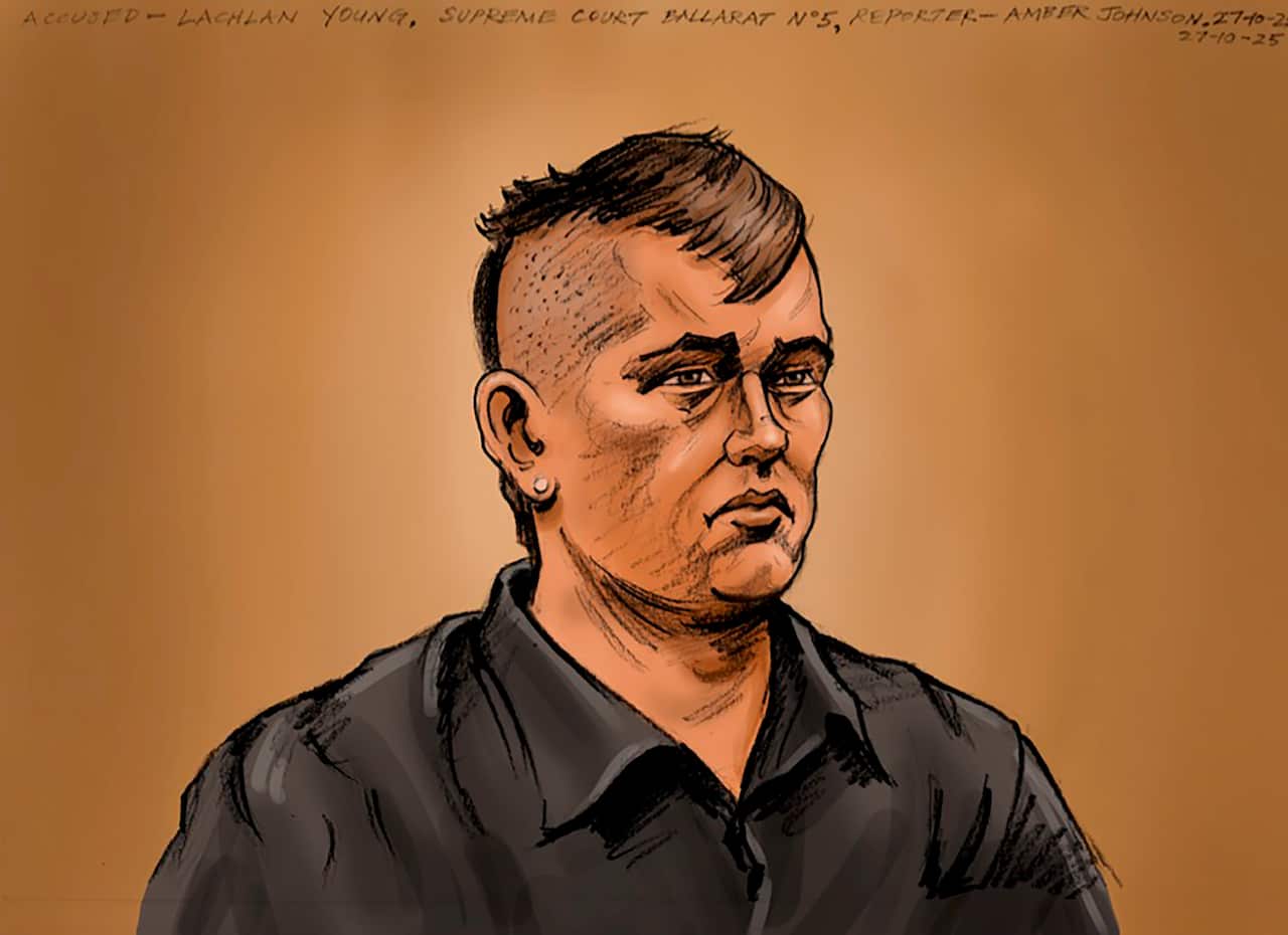 A court sketch of a young man, with the side of his head shaved and uncut on top. He is wearing a stud earring and a dark shirt.