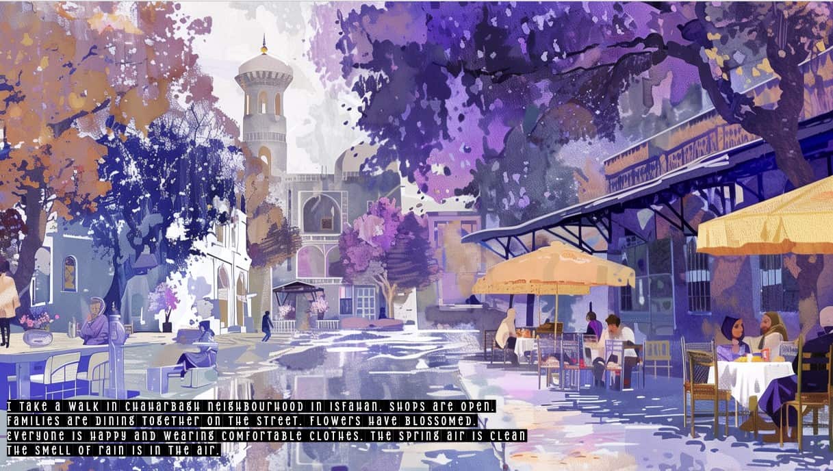 Graphic art of a town square feature trees, buildings and some people at outdoor tables under yellow umbrellas
