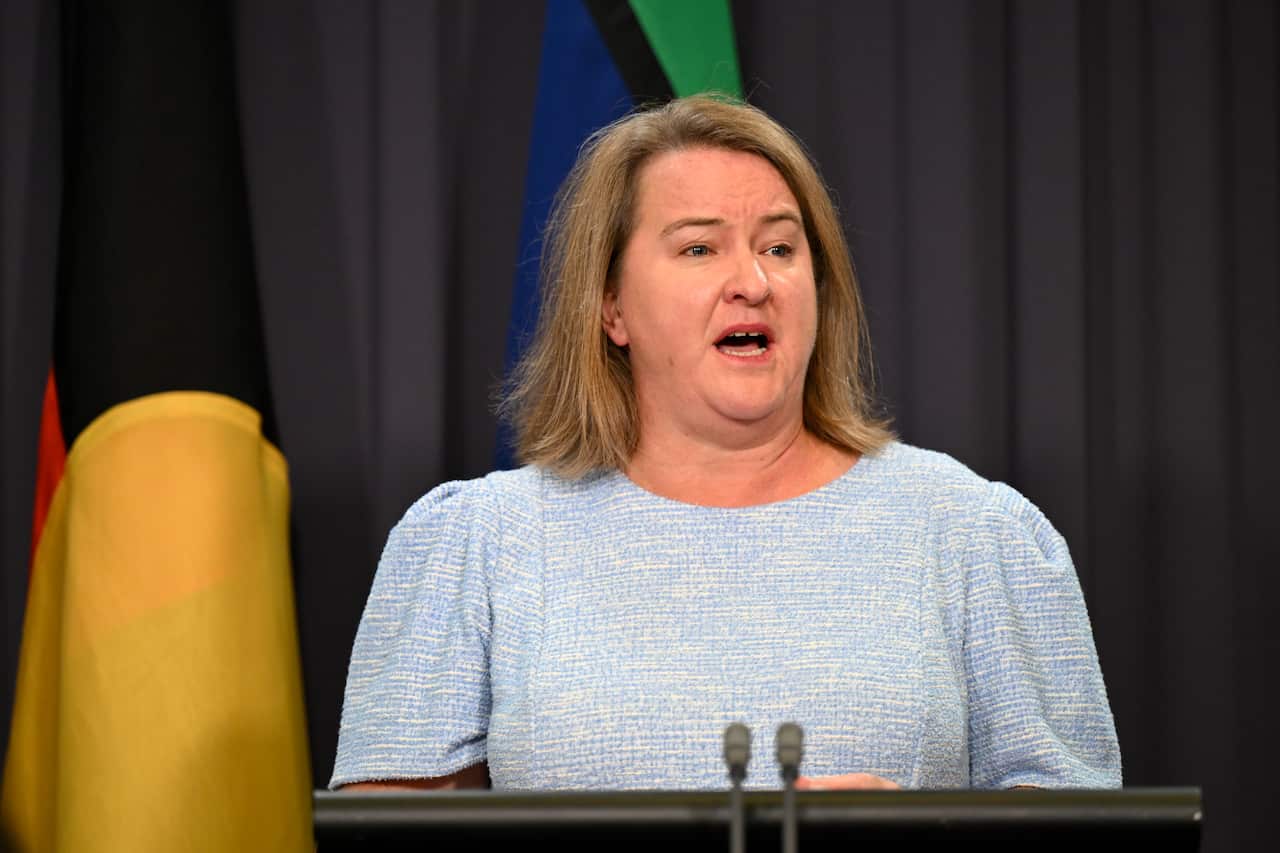 A woman in a grey shirt speaking into a microphone with flags behind her.
