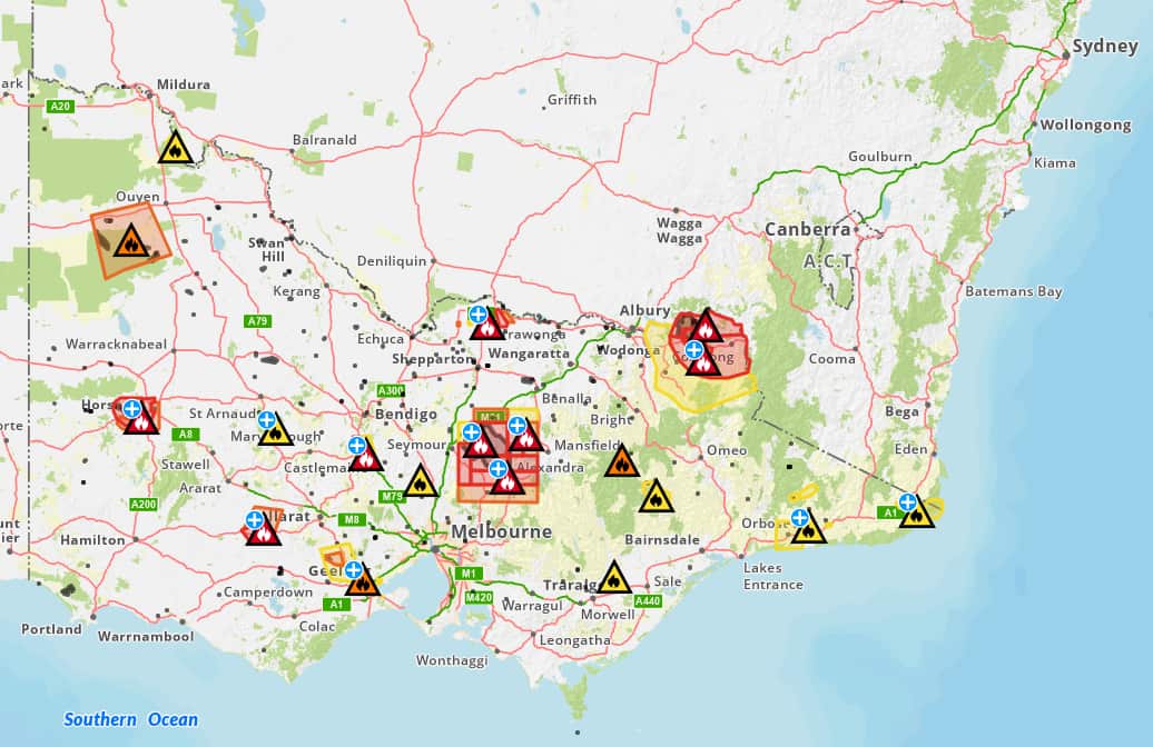 A map of Victoria showing bushfire warnings.