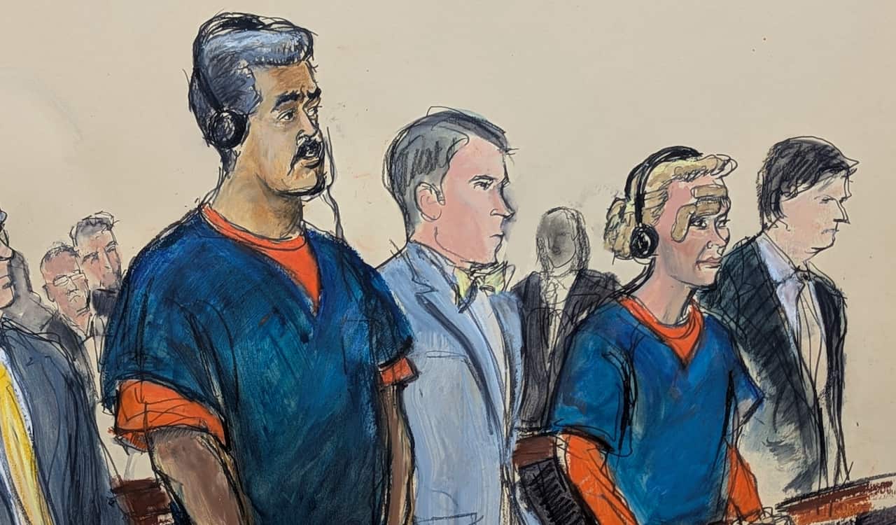 A courtroom sketch of Nicolas Maduro and Cilia Flores.