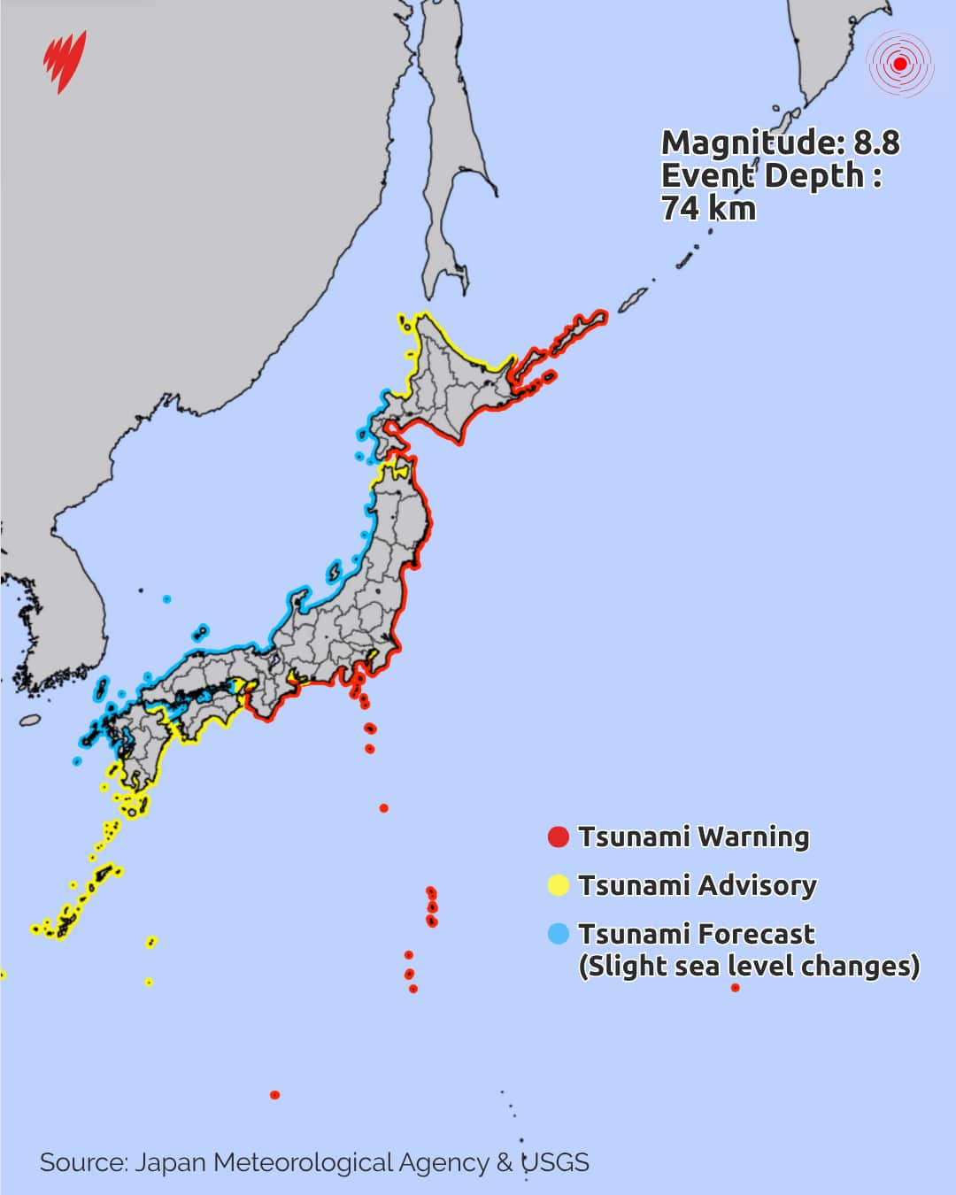 A map showing areas where tsunami warnings were issued.