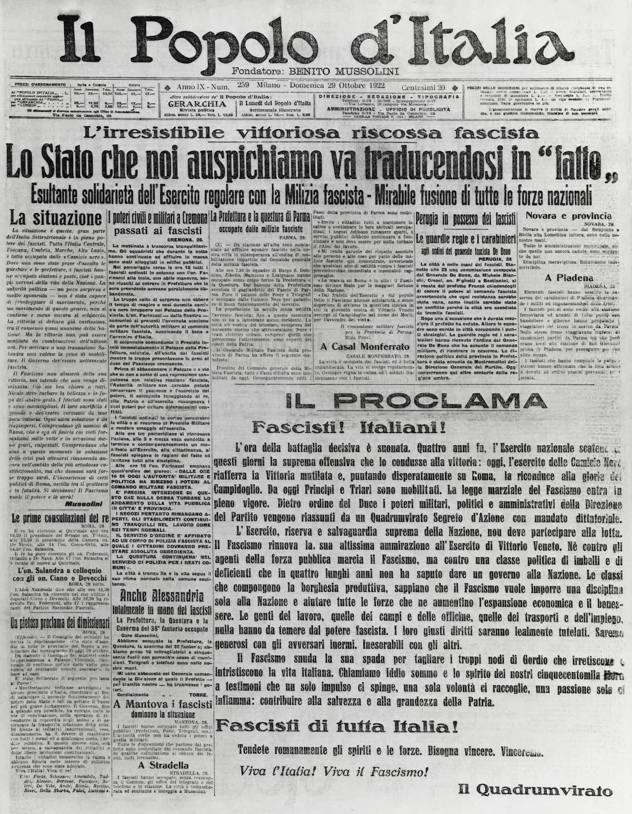 Front page of the newspaper Il Popolo d'Italia with news of the March on Rome, October 29, 1922.