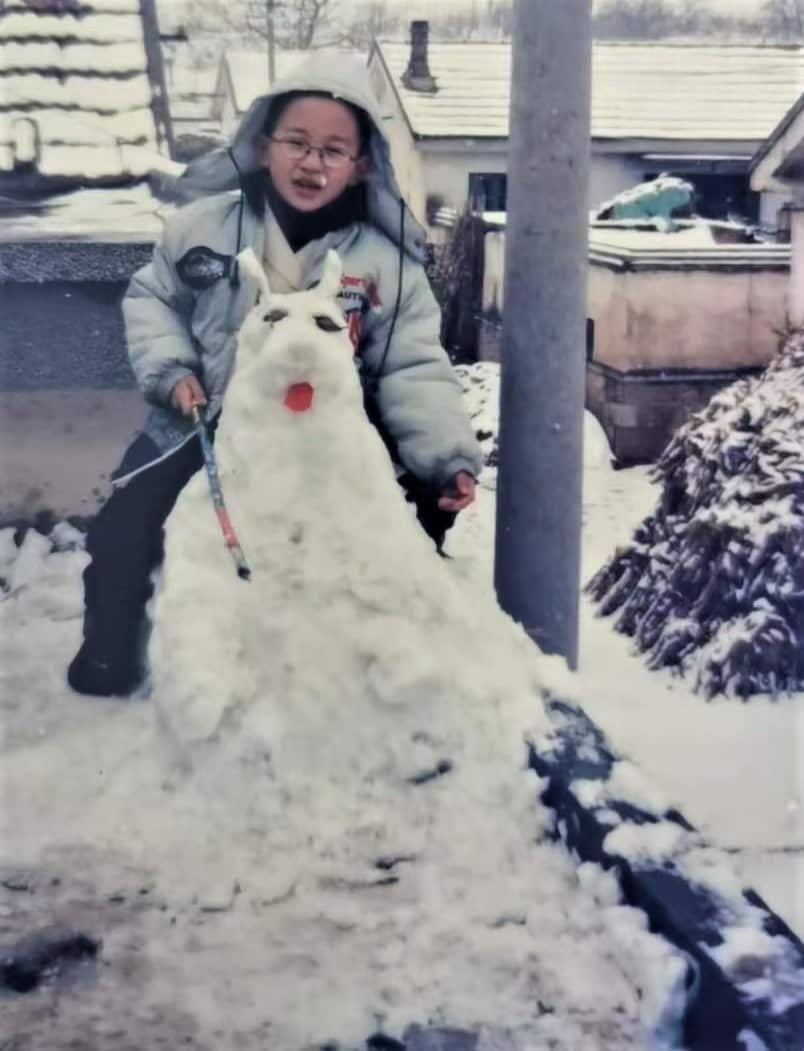 A young boy wearing glasses and a parks sits on a snow mound.