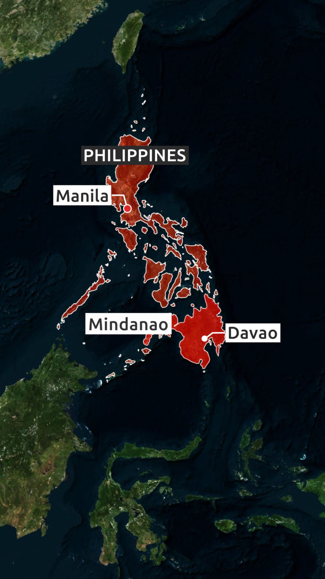 A map of the Philippines, with Manila, Mindanao and Davao tagged