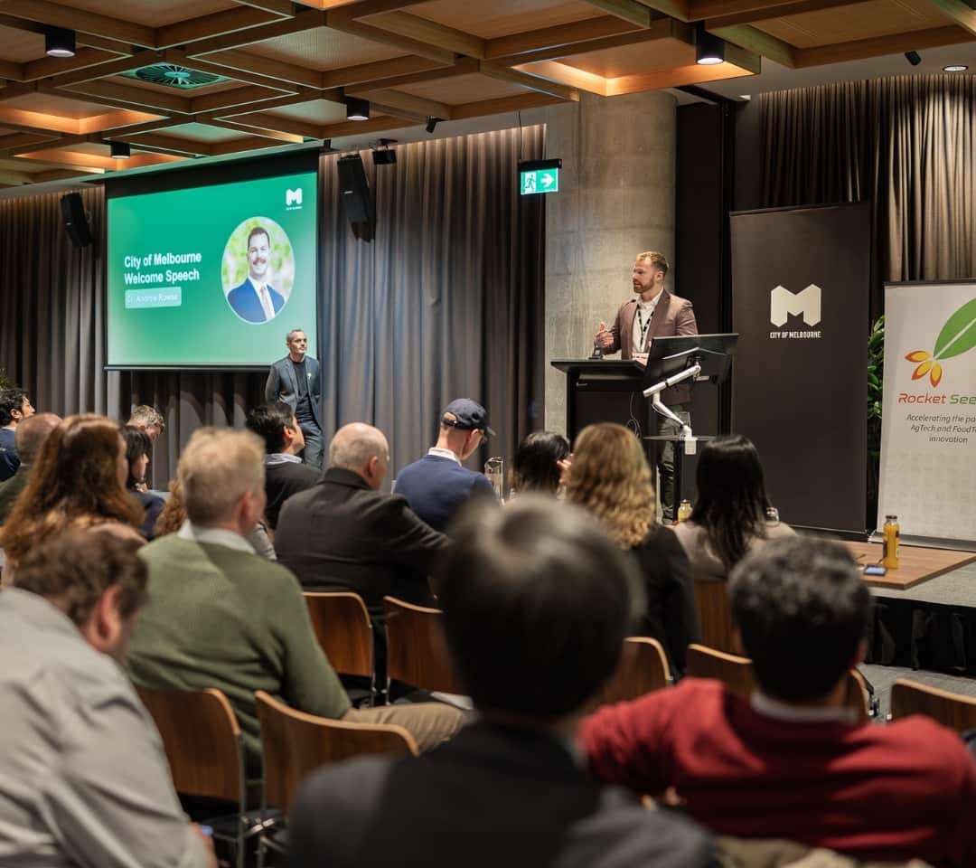 Councillor Andrew Rowse (Melbourne Council) speaks at the Pitch Event. 