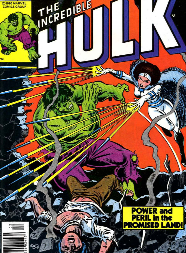 Comic cover shows the Incredible Hulk features Sabra, whose costume centres around the Israeli flag, shooting paralysing quills at Hulk with an Arab child dead in the rubble. 