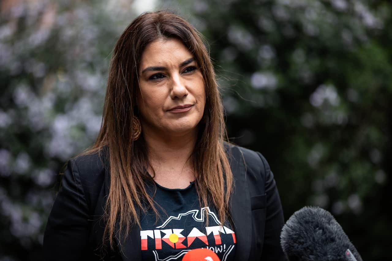 Greens Senator for Victoria Lidia Thorpe is seen speaking to the media.