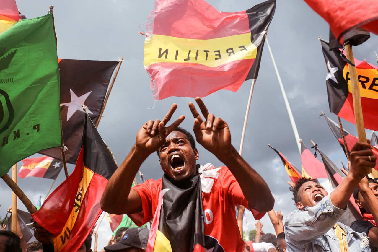 A crowd of people with some holding flags.