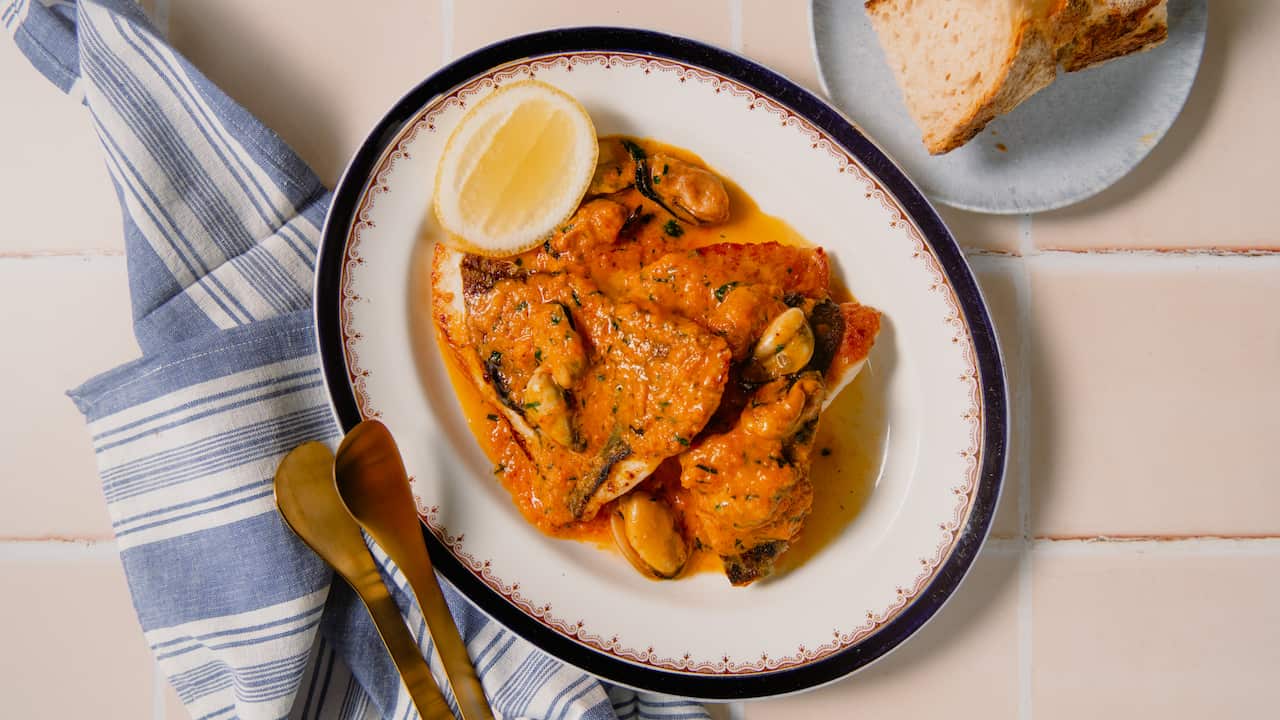 John dory & mussels with turmeric & tomato butter