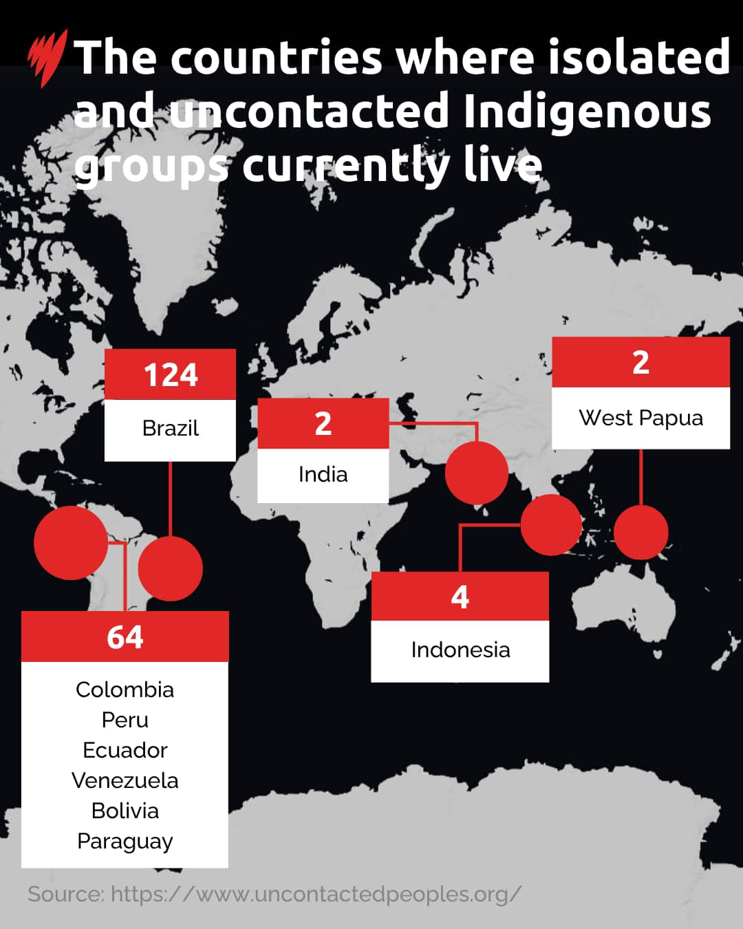 A map showing which countries uncontacted Indigenous communities live.