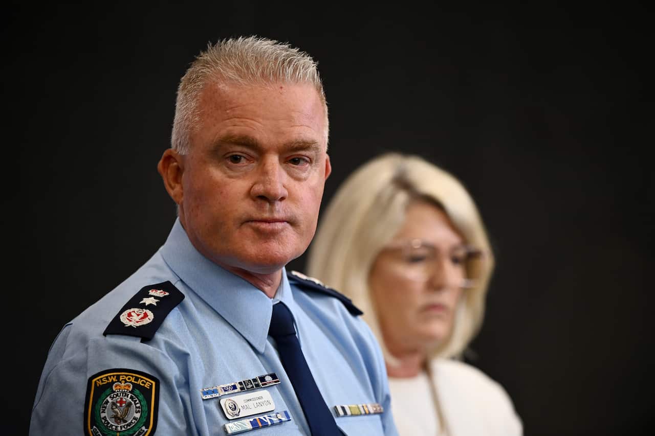 NSW Police Commissioner Mal Lanyon speaks to media during a press conference at NSW Parliament in Sydney, 