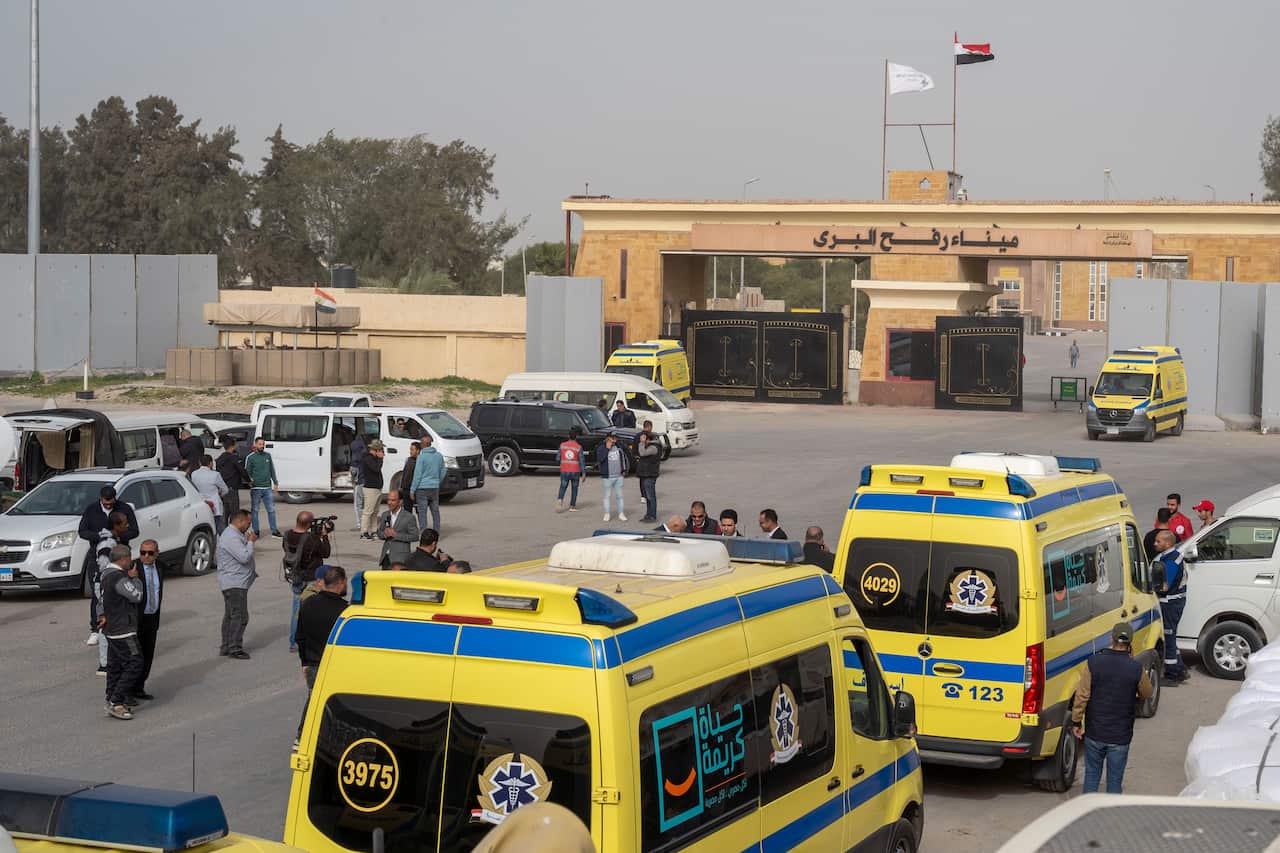 Ambulances lined up at a border crossing.