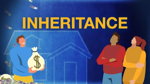 A graphic showing people holding moneybags and a house with the word 'Inheritance' above it.