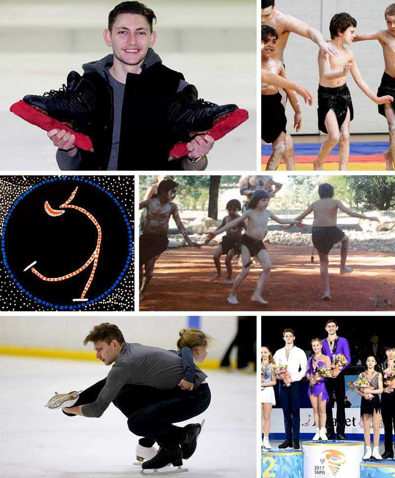 L-R from top: Harley Windsor with ice skates; Windsor learns Indigenous dance as a child; a painting of a figure skater in the Milky Way given to Galina Pachin by Windsor; learning another dance as a child; Windsor and Alexandrovskaya on the ice; and the pair as junior world champions (Photo: Getty Images).