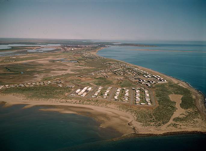 Aerial photograph of Cooke Point, Port Hedland in 1973 when the buildings were still owned by BHP. State Library of Western Australia, 271901PD.