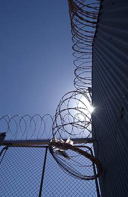 Gate into Mike Compound, Woomera Detention Centre, 8 January 2003. Photo: Damian McDonald, National Library of Australia, an24765578.