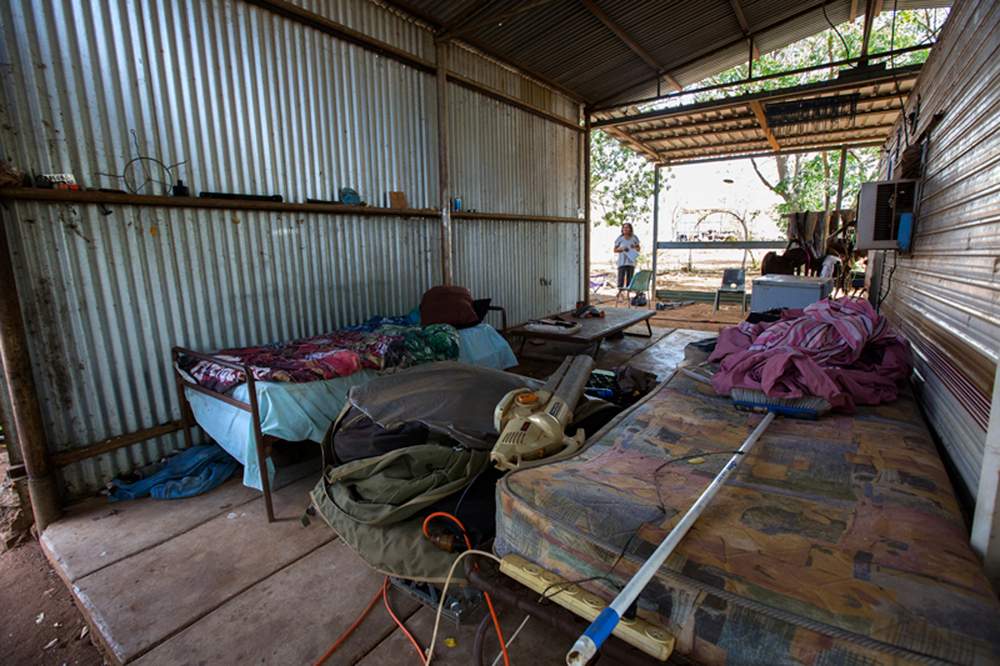 The open-air bedroom is shared by Oscar's team of young cattlemen. The open-air bedroom is shared by Oscar's team of young cattlemen.