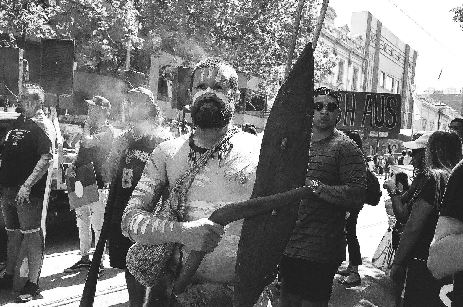 As well as a Welcome to Country and smoking ceremony, the march also featured aspects of culture such as traditional dress, boomerangs and shields. 