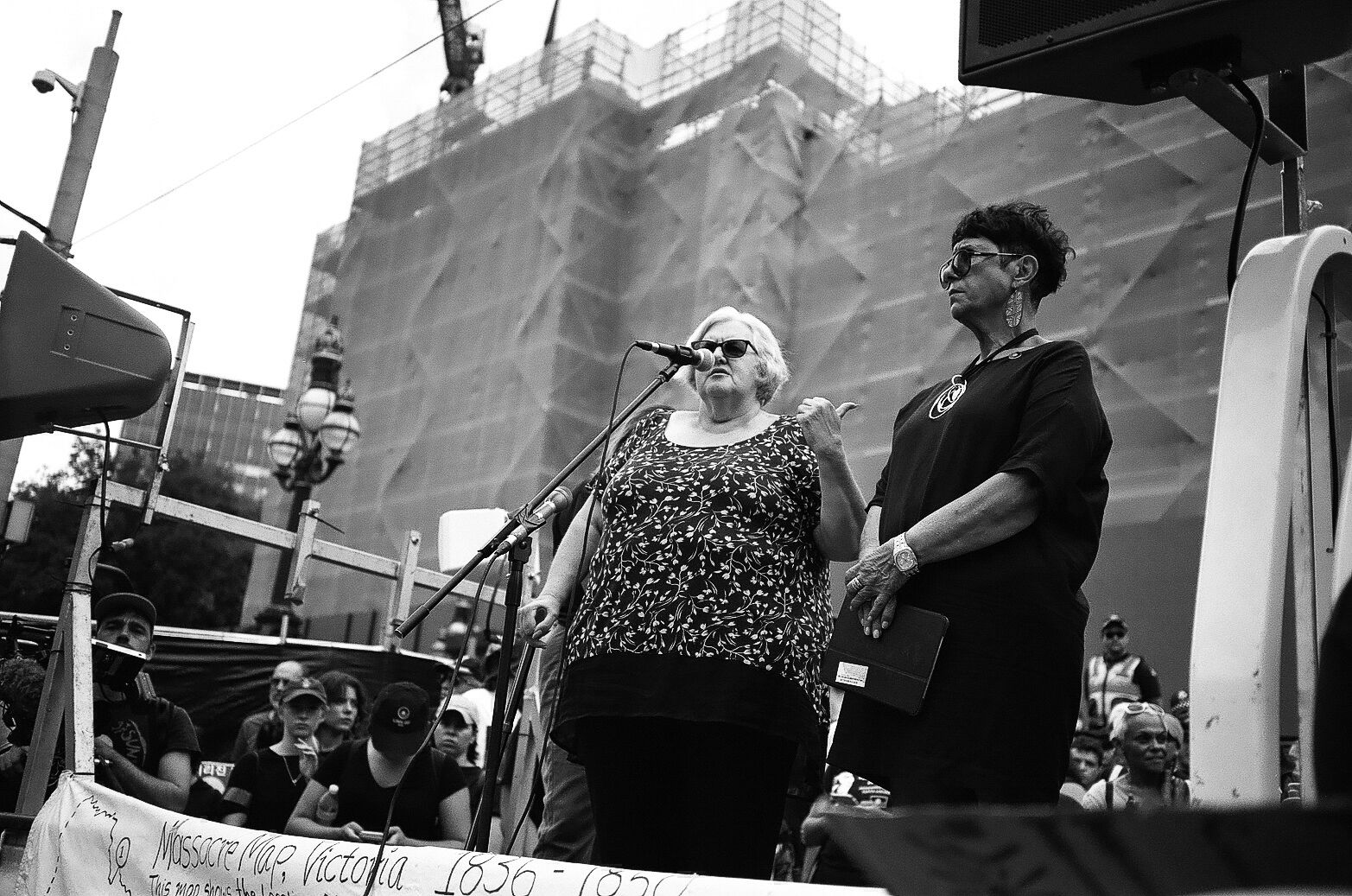 Aunty Di Kerr and Aunty Caroline Briggs give a welcome to country.