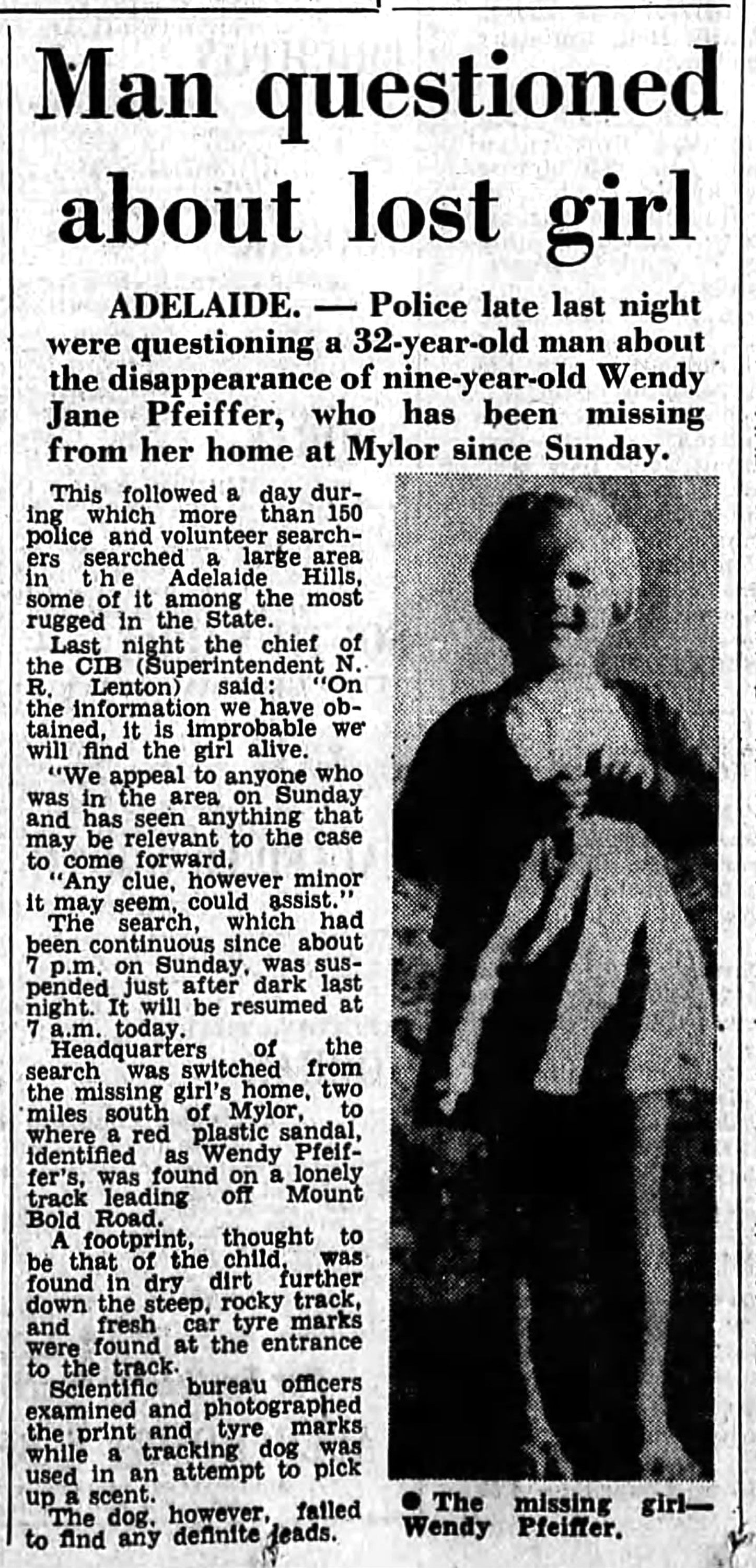“Man Questioned About Lost Girl,” The Age, 25 Oct 1966, Page 1
