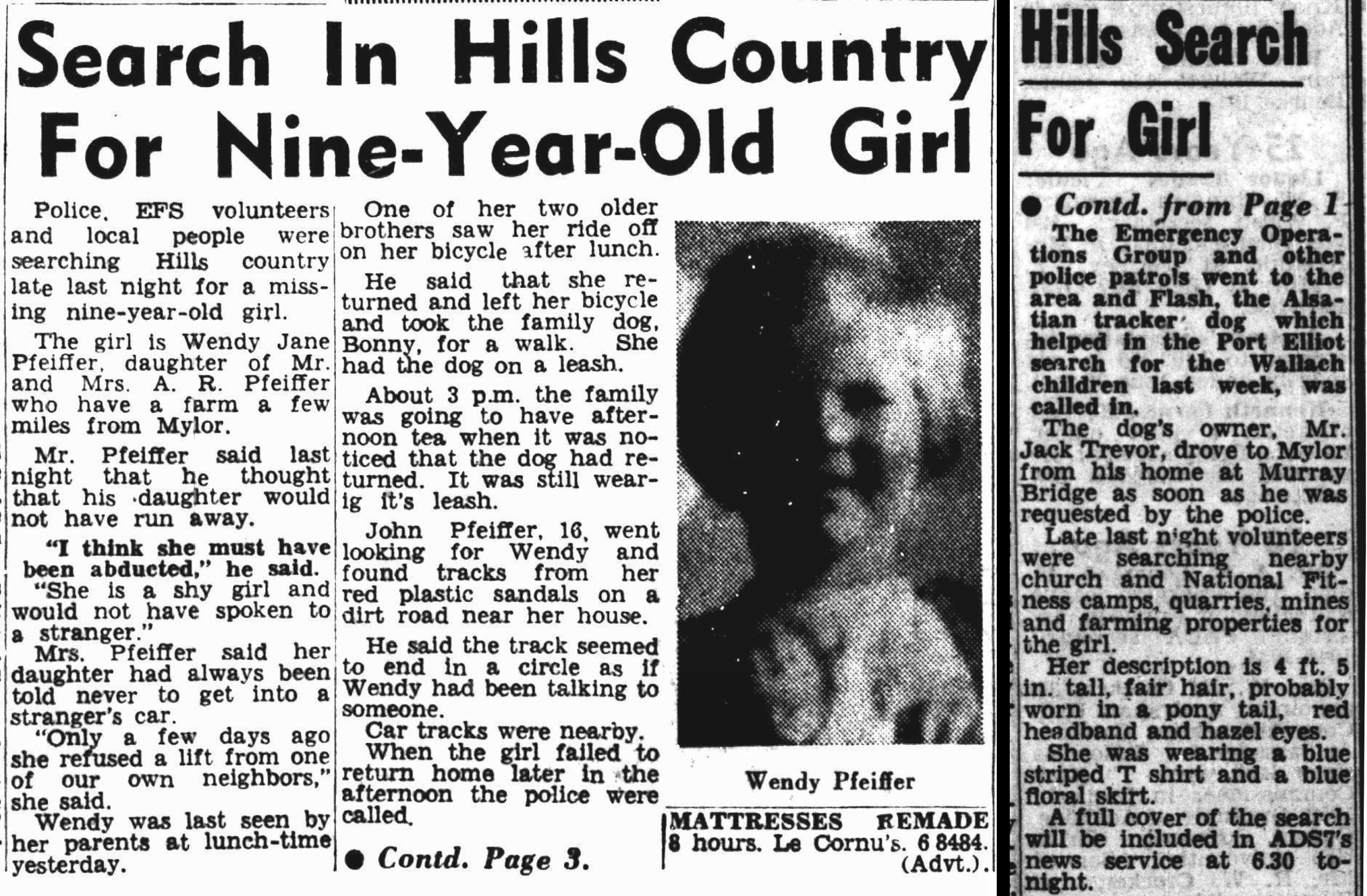 “Search in Hills Country for Nine-Year-Old Girl,” The Advertiser 24th October 1966, Page 1
