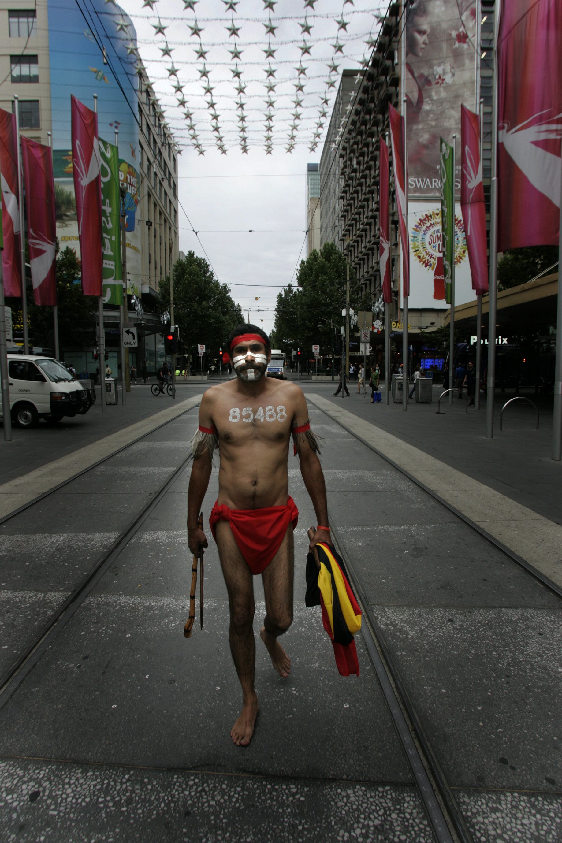 Yorta-Yorta warrior: In 2007 Glen challenged the state and 'white man's law'. His wardship number across his chest and his criminal record number on his back.